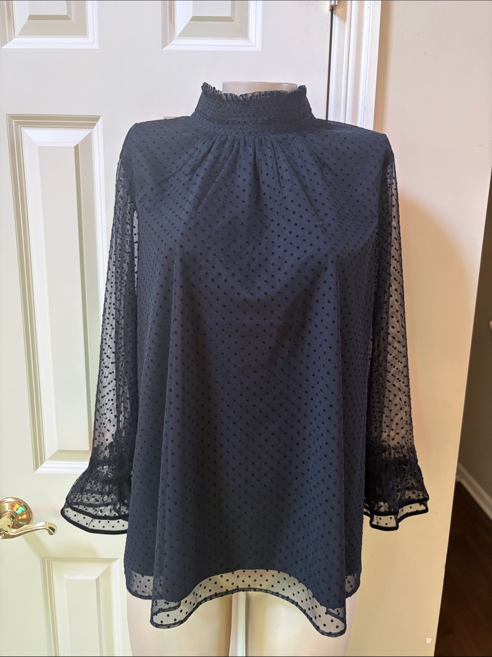 NWT Draper James Belle Meade Black Swiss Dot Smocked Neck Ingrid Blouse, XXL